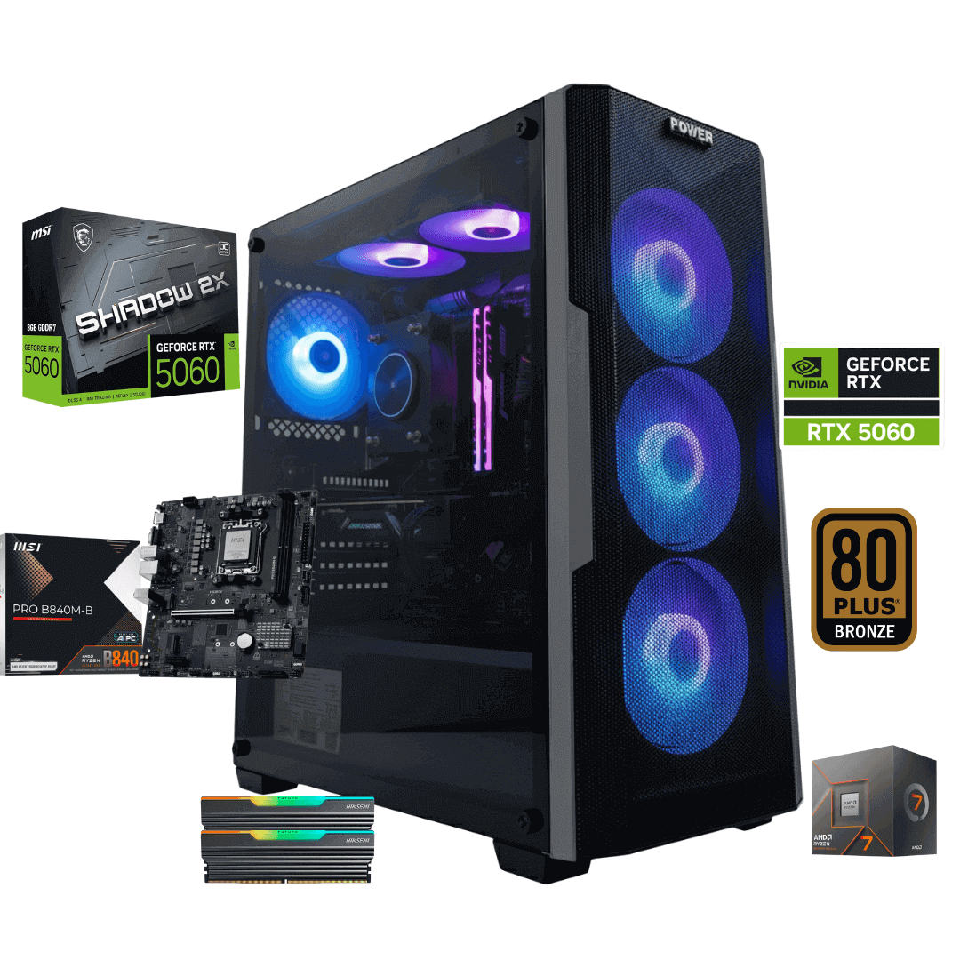 TORRE GAMER RYZEN 7 8700F -RTX 5060 8GB - BOARD B840M-B - 16 GB DDR5 BLINDADA-512GB SSD M2- CHASIS Y1 4FAN- FUENTE 600W 80+ BRONZE (copia)