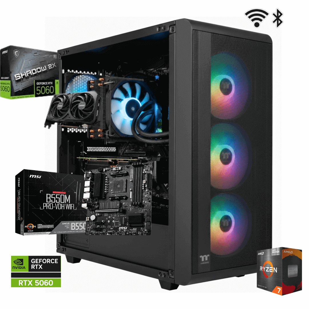 TORRE GAMER RYZEN 7 5700X + BOARD B550 WIFI + BLUETOOTH + 16 GB RAM DDR4 + RTX 5060 8GB + CHASIS S200 THERMALTAKE 650W 80+ BRONZE